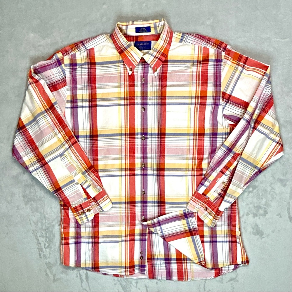 Vintage Ralph Lauren Cotton Oxford Shirt Mens Medium Madras Plaid Hong Kong